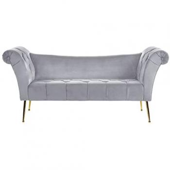 Chaise Longue de Terciopelo Gris Claro Acolchada con Asiento Doble y Patas de Metal Doradas Nantilly
