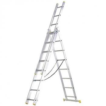 Escalera de Aluminio Plegable Telescópica de 3 Tramos con 10 Peldaños Antideslizante y Resistente