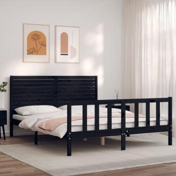 Estructura de cama de matrimonio con cabecero de madera maciza en color negro VidaXL