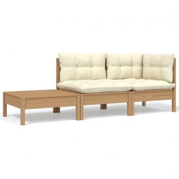 Conjunto de muebles de jardín 3 piezas de pino sólido con cojines crema