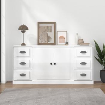 Aparador de 3 piezas de madera contrachapada con acabado en blanco brillo, mueble de almacenaje para salón, buffet y armario auxiliar