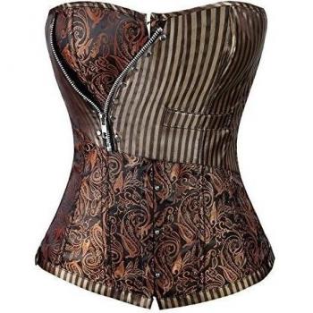 Charmian Women's Victorian Brocade Stripe Boned Gothic Retro Punk Overbust Corset with Zipper Bronze Medium