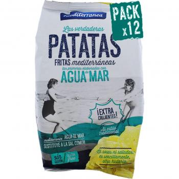 Pack 12 Patatas fritas Mediterranea elaboradas con aceite de oliva y agua de mar, envase de 150 gramos, sabor inconfundible, textura crujiente