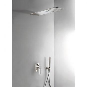 Tres Griferia - Kit De Ducha Monomando Empotrado Con Cierre Y Regulación De Caudal. · Cuerpo Empotrado Incluido · Rociador Ducha Inox A Pared 160X550 Mm. · Soporte Con Toma Pared. · Ducha Móvil Anticalcárea. · Flexo Satin