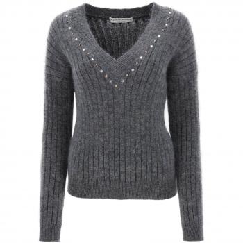 Alessandra Rich Wool Knit Sweater with Studs and Crystals - Size 40 - Grey - Women's Sweater