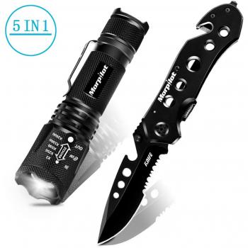morpilot Navaja y Linterna Táctica Set, Cuchillo Supervivencia, Navaja Plegable, Linterna Militar de 5 Modos, 500LM, Impermeable IPX4, Para Acampar, Picnic, Caza