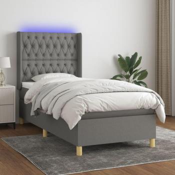 Cama box spring con colchón y luces LED, tela gris oscuro, 90x190 cm
