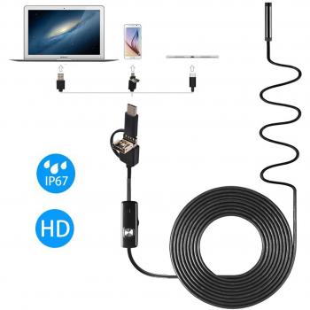 eSUN 3 EN 1 endoscopio (Android, TYPE-C, PC), cámara de 7 mm de diámetro Inspección IP66 impermeable serpiente boroscopios cámara, incluido gancho, imán y espejo de 90 grados (5m)