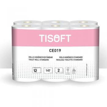 Paquete de 12 Rollos de Papel Higiénico Tisoft, Doble Capa, Calidad Estándar CE019