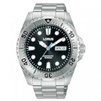 Lorus Reloj Hombre Analógico Automático Sports Esfera Negra con Calendario, Pulsera de Acero Inoxidable, Resistencia al Agua 10 ATM