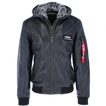 Alpha Industries MA-1 D-Tec Black Leather Jacket for Men, Size M