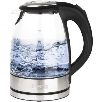 H.Koenig Hervidor de Agua Eléctrico Pequeño, 2200W, Capacidad de 1.7 L, Base 360º, Temperatura hasta 100º en Tiempo Récord, Vidrio BO28, plástico, Transparente