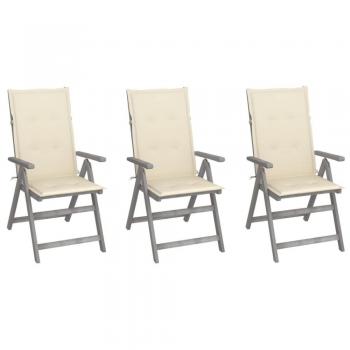 Reclining Garden Chairs Set of 3 with Cushions Solid Acacia Wood