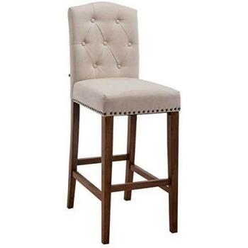 Taburete Louise en Tela Crema con Respaldo y Base de Madera Envejecida