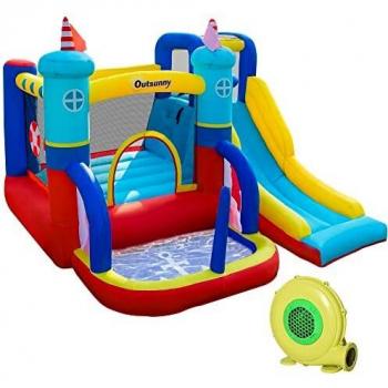 Outsunny Castillo Hinchable con Tobogán Cama de Salto Piscina y Muro de Escalada para +3 Años con Inflador y Bolsa de Transporte para Interior Exterior 265x260x200 cm Multicolor