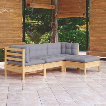 4-Piece Garden Lounge Set with Grey Cushions - Solid Pine Wood