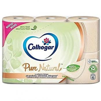 Colhogar Pure Natural x6 - Papel Higiénico Biodegradable Suave y Resistente -Papel de baño de 3 Capas - Dermatológicamente Testado - Paquete con 6 Rollos - Color Natural