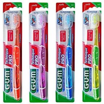 GUM Technique PRO Cepillo de Dientes / Filamentos cónicos / Limpieza profunda y eficaz incluso en espacios interdentales / Cabezal compacto / Filamentos suaves / Multicolor / 4 unidades