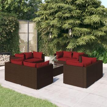 9-Piece Brown Poly Rattan Garden Lounge Set with Cushions