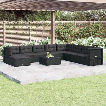 9-Piece Black Poly Rattan Garden Lounge Set with Cushions