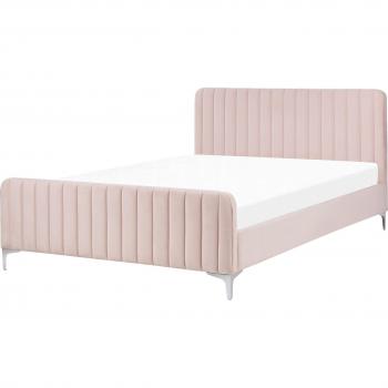 Cama Matrimonial de Terciopelo Rosa Pastel 140 x 200 cm con Cabecera Acolchada y Patas de Metal, Diseño Moderno Lunan