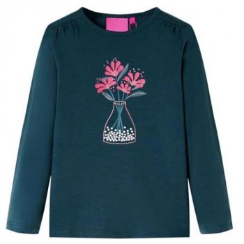 Camiseta Infantil de Manga Larga Verde Oscuro con Estampado de Flores, Jersey, Cuello Redondo, Talla 140