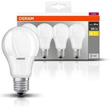 Osram Lámpara LED clásica con base en forma de bombilla, plástico, blanco cálido, E27, 8.5W, juego de 4