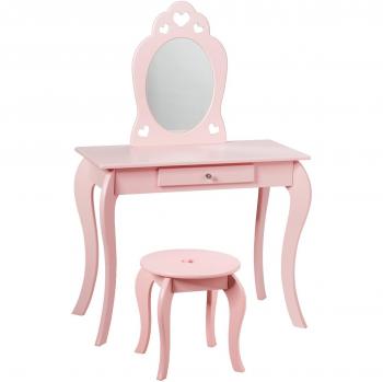 Tocador 2 en 1 con Superficie Desmontable, Espejo y Cajón para Niñas, Rosa, Dimensiones: 70 x 34 x 105 cm, incluye Taburete de Madera