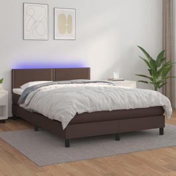 Estructura de cama box spring con colchón y LED de cuero sintético marrón 140x200 cm