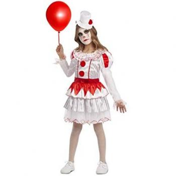 Disfraz de Payasa Malvada Blanca para Niña - Incluye vestido blanco con detalles en negro, medias a rayas, gorro y maquillaje temático