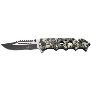 Navaja asistida Third 17141G mango de aluminio con recubrimiento camo patrón de calaveras gris, Hoja de 10 cm satinada con patrón rasgado horizontal, corte y detalles en negro. Con clip