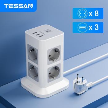Regleta de alimentación TESSAN Torre 8 salidas con cable de extensión retráctil de 2 m, 3 puertos USB (2 USB-A y 1 USB-C), color gris