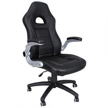 SONGMICS Silla Racing, Silla de Oficina Alta, con Altura Ajustable, Apoyabrazos Abatibles, Mecanismo de Inclinación, Silla para Juegos, Negro OBG28B