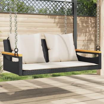 Banco columpio de polyrattan negro con almohadas, dimensiones 109x62x40 cm