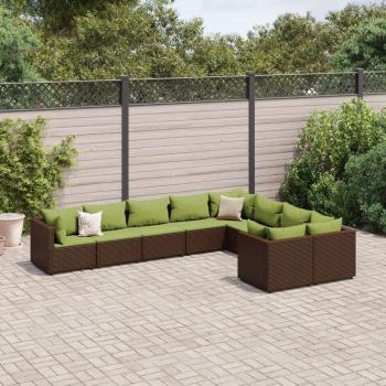 9-Piece Brown Poly Rattan Garden Sofa Set with Cushions
