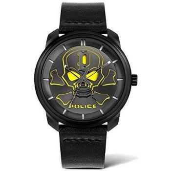 Police Men's Skull Black Watch PL.15714JSB/02 with Yellow Skull Dial and Leather Strap