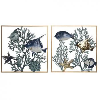 Decoración de Pared Home ESPRIT Azul y Dorado con Diseño de Peces Mediterráneos (2 Unidades) 50 x 4 x 50 cm
