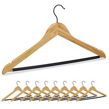 Set de 10 Perchas de Bambú Antideslizantes con Gancho Giratorio 360°, Notches y Barra, Naturales/Negro