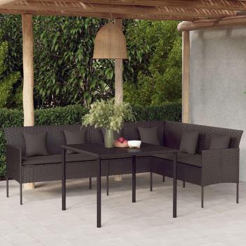 L-Shaped Garden Sofa with Cushions in Black Poly Rattan