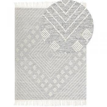 Alfombra de lana blanca y gris 160 x 230 cm hecha a mano con patrón geométrico