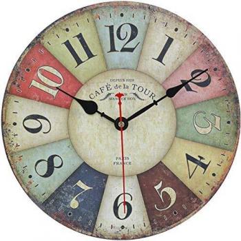 Reloj de pared vintage multicolor francés, reloj moderno hecho de madera estilo toscano para decoración del hogar