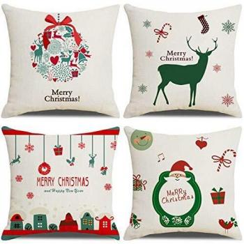 LAXEUYO Cuscini Divano Natalizi 4 Pack Copricuscini Natalizi Cotone Biancheria Cartoni Animati di Natale Pattern Federe Cuscini 45x45 cm