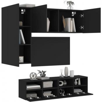 Mueble de TV de pared 4 piezas en madera de ingeniería negro, ideal para salón, incluye mesa y estantes