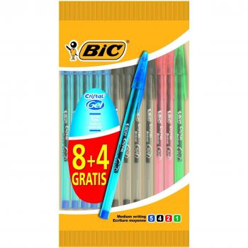 BIC - Set de 12 Bolígrafos con Tinta Gel en Colores Surtidos, Punta de 0.8mm y Trazo de 0.35mm para Escritura Suave y Brillante con Cómodo Grip