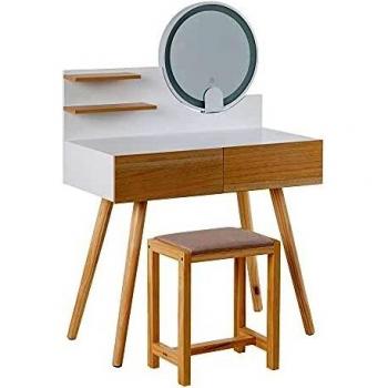 Tocador con Espejo y Taburete Beige de Madera y Cristal de 80x40x118 cm - LOLAhome