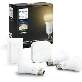 Philips Hue White Ambiance - Kit de 3 bombillas LED E27 con puente y mando, 9 W, iluminación inteligente, regulable, compatible con Amazon Alexa, Apple HomeKit y Google Assistant