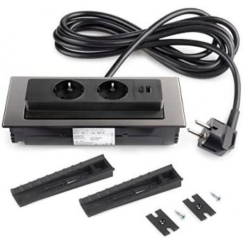 Multiconector Backflip para escritorio Emuca, 215x88mm, 2 enchufes tipo Schuko, 1 puerto USB tipo A, Acero inoxidable y Plástico