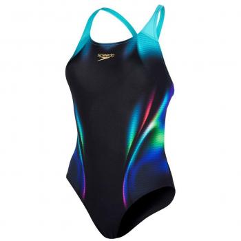 Speedo Bañador para mujer X Placement Digital de alimentación back, mujer, color Black/Bali Blue/Fluorescent Green, tamaño 30