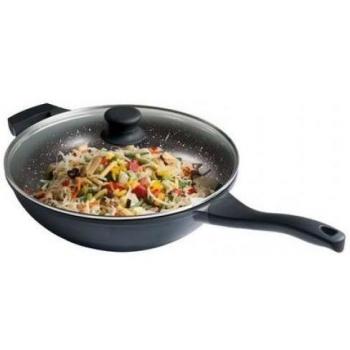 Kitchen Artist Poêle Wok Aspect Pierre/Couvercle Poêle Wok En Fonte D'Aluminium, Revêtement Intérieur Antiadhésif Finition Aspec Pierre, Manche De 20 Cm Et Poignée En Silicone, Couvercle En Verre Avec Aérateur Vapeur, Compatible Tous Feux Dont Indu