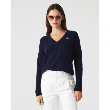 Lacoste Women's V-Neck Knit Sweater in Navy Blue, Size L